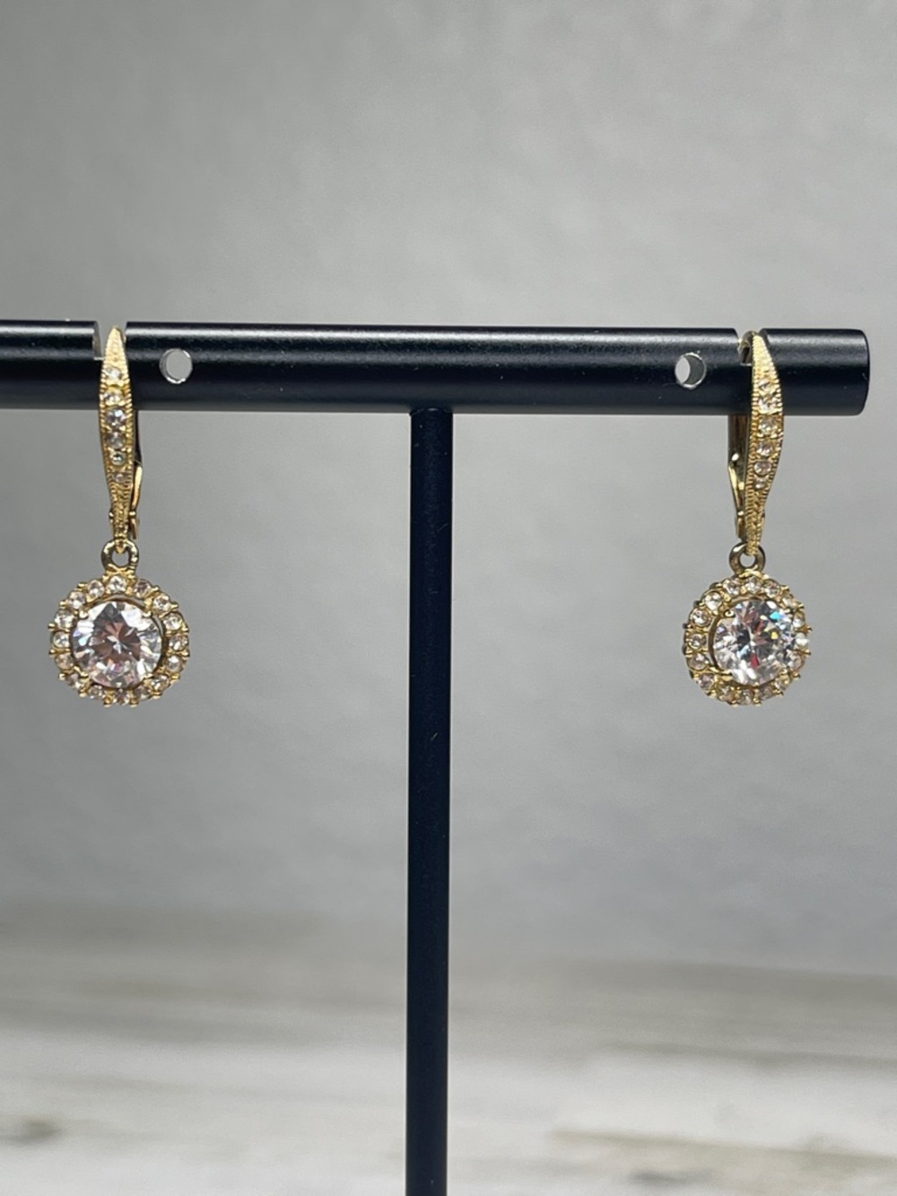 Nadri Framed Round CZ Halo Drop Earrings Gold Leverback